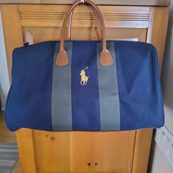 NWOT Ralph Lauren Navy & Forest Green Canvas Travel Duffle with Leather Handles - Picture 13 of 16